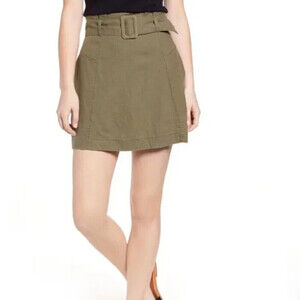 BP Belted Linen Blend Paper Bag Waist Mini Skirt In Olive Green Size XS NWT